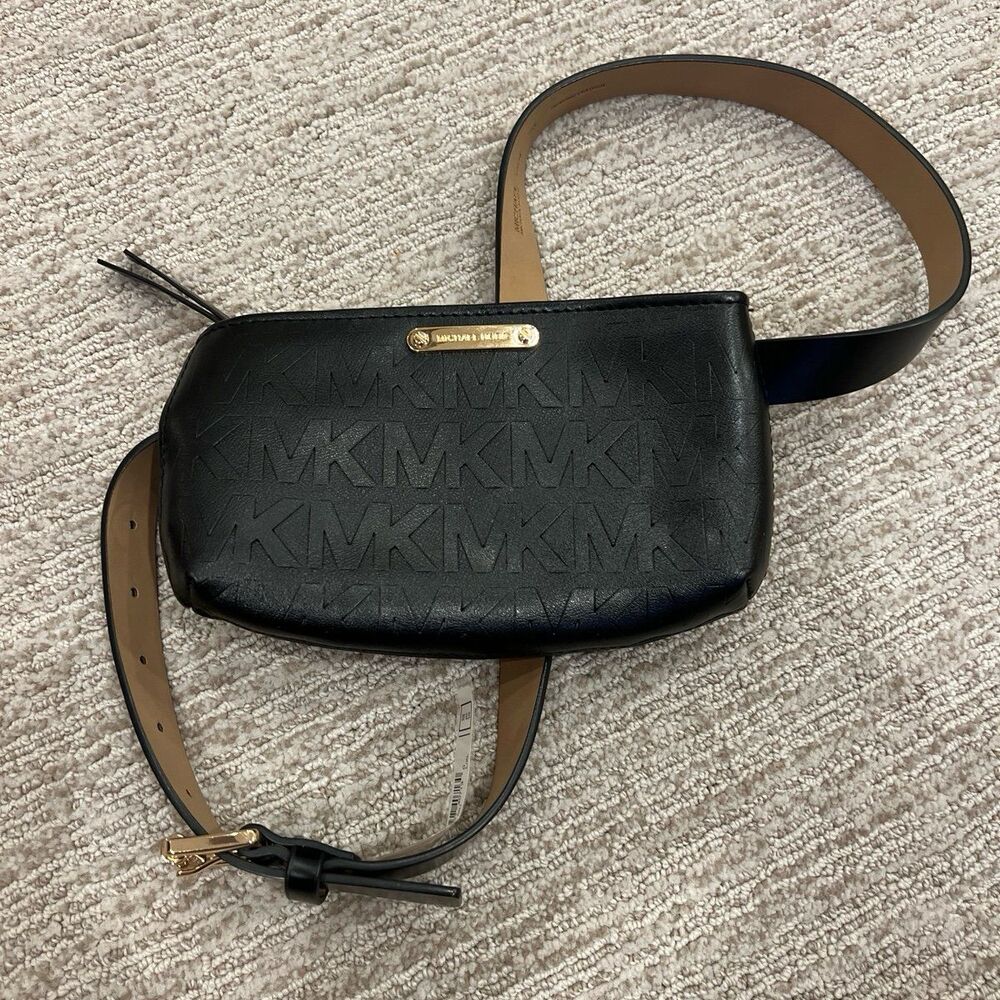 Michael Kors NWT Black Leather MK Logo Belt Bag Convertible Crossbody